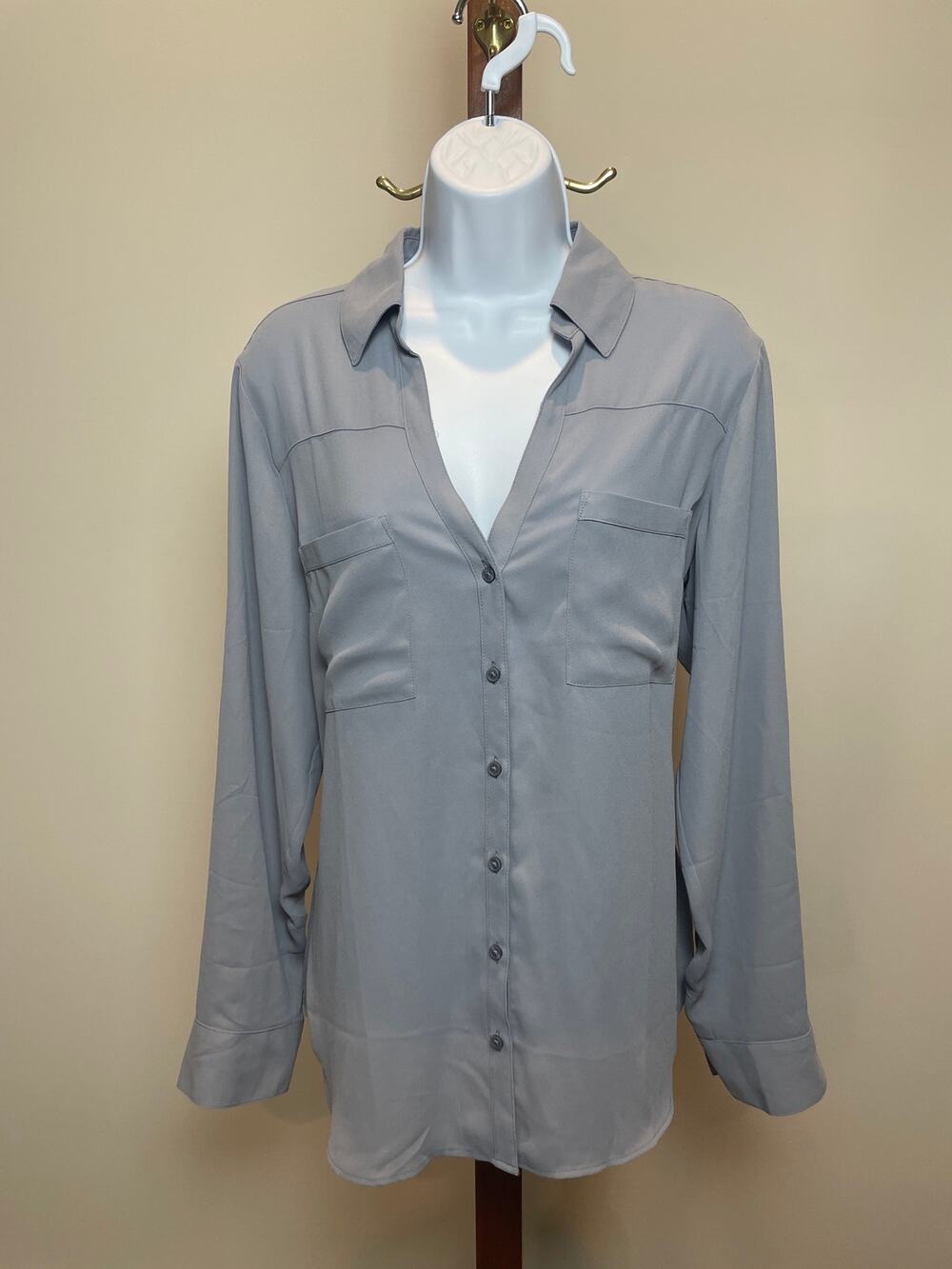 Express Chiffon Button Up Shirt Size L Gray Semi‑Sheer Lightweight New With Tag